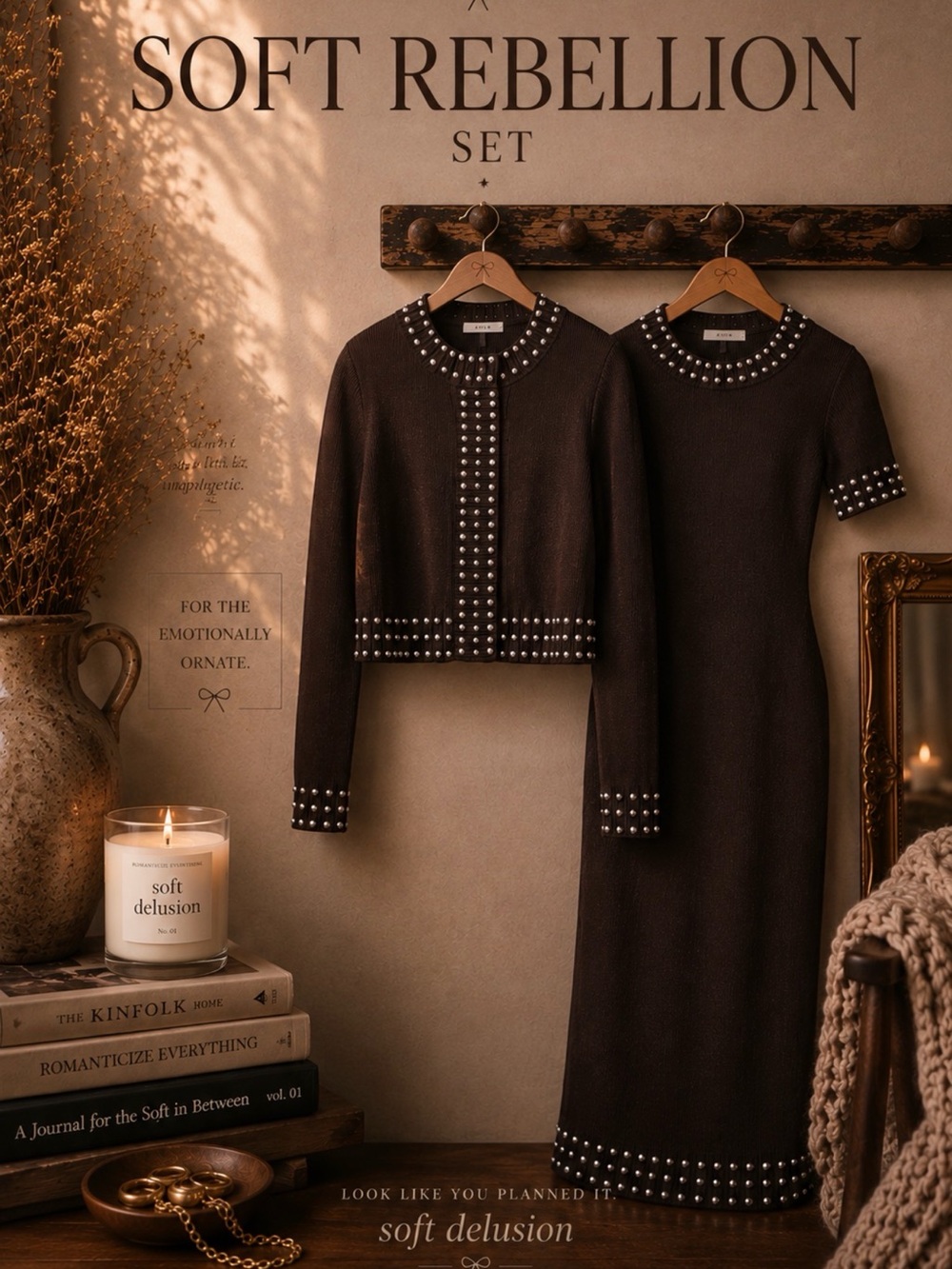 Elegant Chocolate Silver Stud-Trim Midi Dress with Matching Cardigan